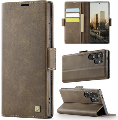 Immagine prodotto di Custodia in pelle per Samsung Galaxy S25 Ultra, protezione RFID, chiusura magnetica, slot per carte e supporto Marrone