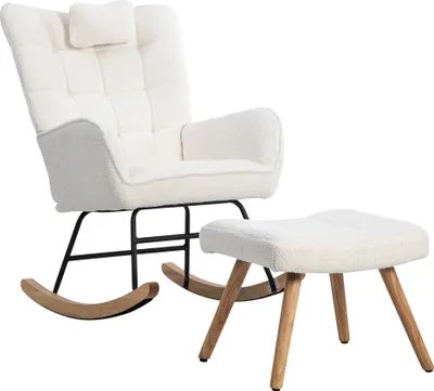 Produktbild von Abrihome Ergonomischer Schaukelstuhl mit Kopfkissen und Fußhocker, Relaxsessel mit Armlehne, Weiß - Belastbarkeit 130 kg