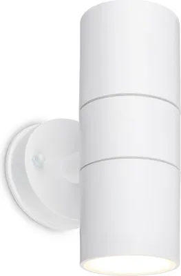 A white outdoor wall lamp with a motion sensor.