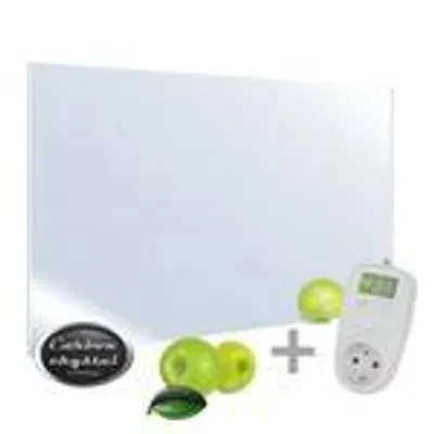 A white infrared heating panel with a mirror surface, accompanied by green apple-like objects, a plus sign, and a white thermostat with a plug.