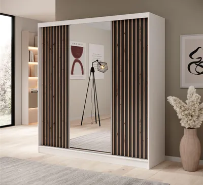 Produktbild von Schwebetürenschrank 3-türig Schrank Garderobe Schiebtüren Schlafzimmer - Schiebetürenschrank mit Spiegel MARCELLA 200 - Weiß + Schwarz, mit Spiegel und Schubladen