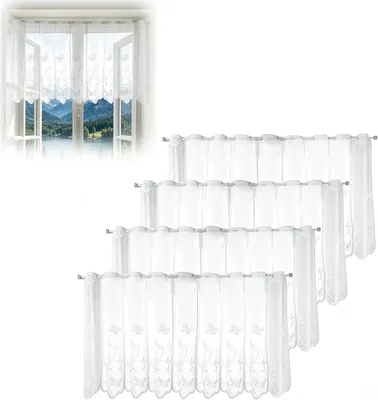 Imagen del producto de Cortinas de cocina modernas - Juego de 4 cortinas translúcidas - Cortinas estilo bistró - Cortinas cortas - Flores - Blancas - Semitransparentes - Cortinas translúcidas bordadas - Cortinas translúcidas