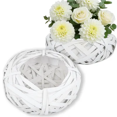 Produktbild von Rattan Pflanzkorb Übertopf Pflanzschale Weiß rund 20 cm mit Folie für Blumenarrangement Gesteck Dekoration