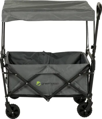A gray folding wagon with a canopy is shown against a white background.