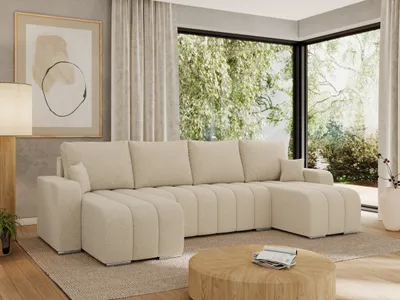 Produktbild von MKS MEBLE Sofa mit Schlaffunktion - Ecksofa mit Schlaffunktion und Bettkasten - Sofa 5 Sitzer - Schlafsofa - Couch - Schlafsofa mit Bettkasten - Kirasso U -Beige Boucle