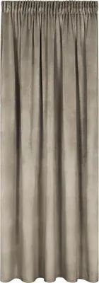 A full-length view of a brown curtain with gathered fabric at the top.