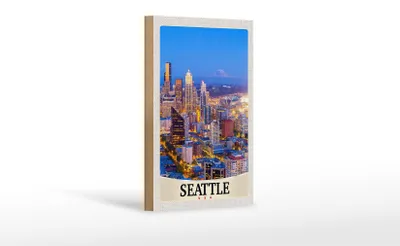 Produktbild von Holzschild Reise 12x18 cm Seattle USA Amerika Stadt Abend Urlaub