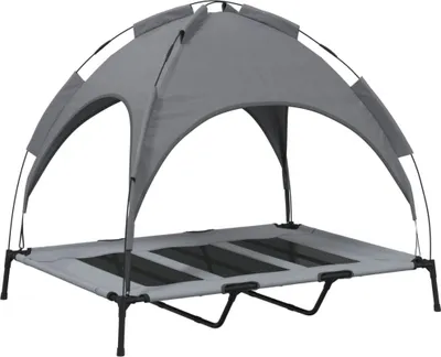 A gray dog bed with a canopy, shown against a white background.