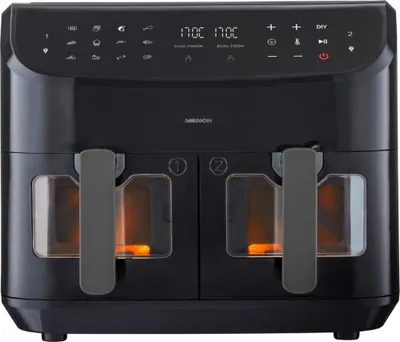 A black dual-basket air fryer with clear windows showing the heating elements inside.