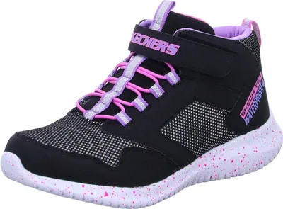 A single black and pink Skechers shoe is shown against a white background.