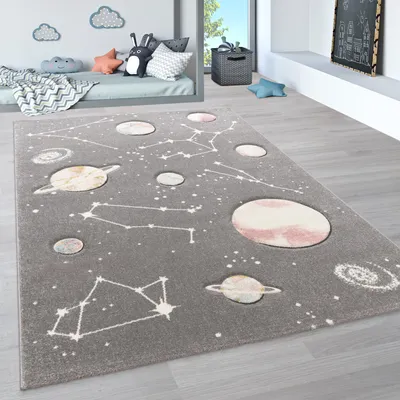 Produktbild von Kinder-Teppich, Spiel-Teppich Für Kinderzimmer Mit Planeten Und Sternen, In Grau Grösse 80x150 cm