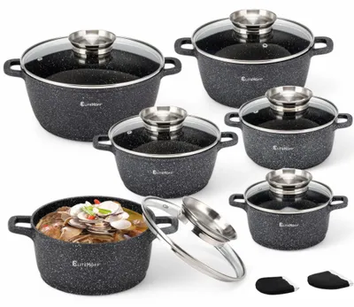 12-teiliges Kochtopf-Set, Aluminium, Antihaft, schwarz
