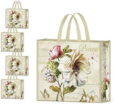 Produktbild von PromoHome® 4er-Pack wiederverwendbare Einkaufstaschen – Blumenmuster, waschbar, faltbar, 22 L