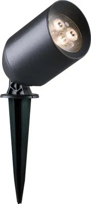 A black outdoor spotlight with a pointed stake for ground insertion.