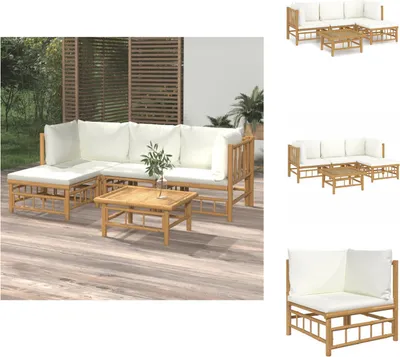 Produktbild von vidaXL 5-tlg. Garten-Lounge-Set mit Cremeweißen Kissen Bambus -  Gartenmöbel-Sets