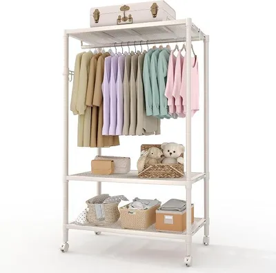 Produktbild von Kleiderständer Auf Rollen, Schwerlast Garderobenständer Metall Mit 3 Gitterablagen & 1 Kleiderstange, Offener Kleiderschrank, Bis 315 kg Belastbar, 115,6 x 45 x 178,3 cm, Grau