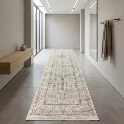 Imagen del producto de Alfombra color crema con motivos florales, flecos y diseño moderno. Tamaño: 80 x 300 cm