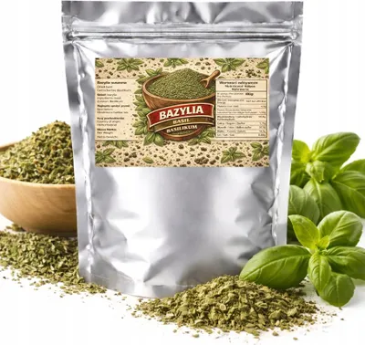 Zdjęcie produktu dla Bazylia Suszona Premium Intensywny Aromat Do Pizzy, Makaronów I Sosów 100G