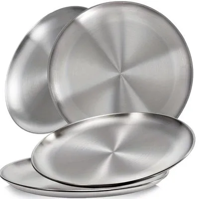 Produktbild von Ibenzoa® 4er-Set runde Edelstahlteller Ø 20 cm – stapelbare, wiederverwendbare Camping- & Picknick-Teller, wetterbeständig, leicht zu reinigen