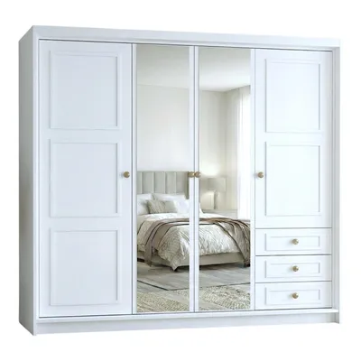 Produktbild von Geräumiger viertüriger Kleiderschrank OSLO mit Schubladen und Metallgriffen – modernes Design Farbe: Weiß.