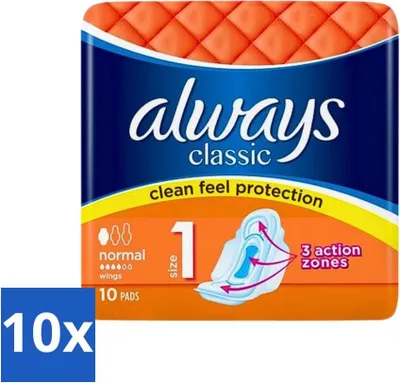 Zdjęcie produktu dla Always Classic – podpaski higieniczne – normalne z skrzydełkami – 10 podpasek higienicznych – opakowanie ekonomiczne – 10 sztuk