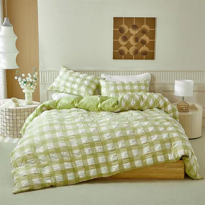 Produktbild von Seersucker Bettwäsche 200x200 cm Grün Weiß Kariert 3-teilig Mikrofaser mit Reißverschluss