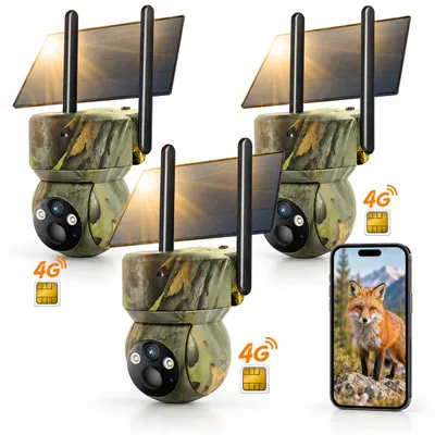 Produktbild von 3 Stück 4G LTE Wildkamera SIM Karte 2K Solar Wildtierkamera Handyübertragung App kabellos Akku überwachungskamera Aussen Farbnachtsicht PIR