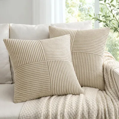 Image de Lot de 2 housses de coussin en velours côtelé, 40 x 40 cm, couleur crème