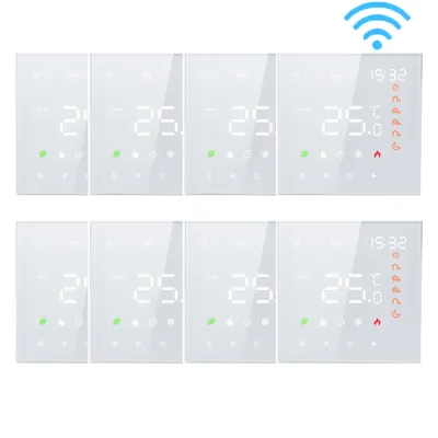 A grid of eight white smart thermostats with digital displays.
