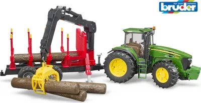 Immagine prodotto di Bruder John Deere 7930 con rimorchio di trasporto, gru di carico e 4 tronchi d'albero