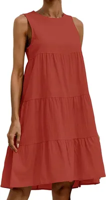 Produktbild von ASKSA Damen Kleider Round Neck Sommerkleid Dress Loose Sleeveless Patchwork Knielang Dresses, Orange, XL