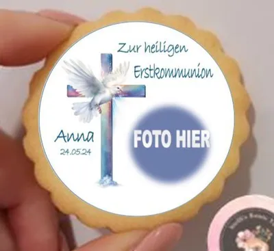 Produktbild von Erstkommunion Kreuz Taube klein rund Aufleger 1 Seite A4 Saracino Cake Paper - leicht raue Oberfläche Ausstanzung rund  5 cm 20 Stk.