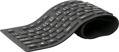 A black flexible keyboard is shown on a white background, with the right side rolled up.
