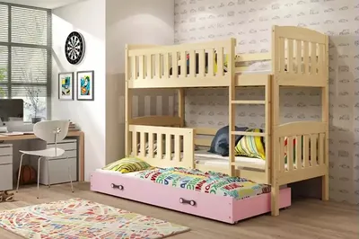 Obrázok produktu pre Detská podkrovná posteľ s prístelkou bez matracov 80x190 BRIGID - Borovica / Ružová