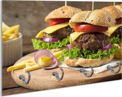 Produktbild von Wallario Handtuchhalter aus Glas, Motiv: Saftige Burger auf Holzbrett, 30 x 20 cm mit 4 Haken