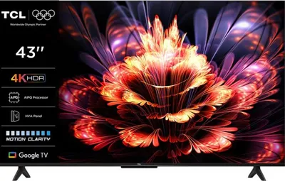 A TCL television displaying a colorful abstract image, with product specifications listed on the left side.