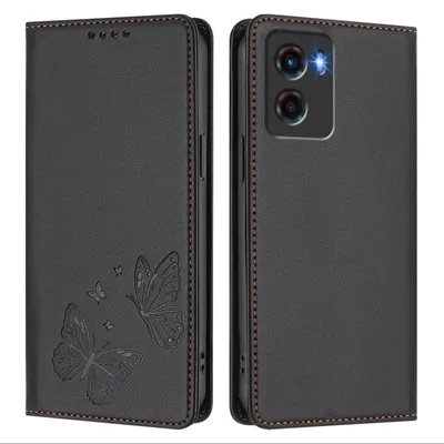 Produktbild von Lederhülle für Motorola Moto G05, Schmetterling Prägung Leder Brieftasche Schutzhülle mit Ständer Schwarz
