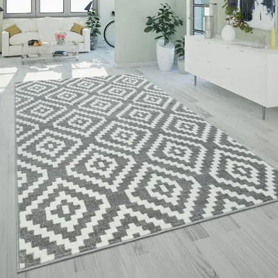Produktbild von Teppich Wohnzimmer Kurzflor Weich Ethno Boho Muster Modern Grau Weiß Grösse 60x100 cm