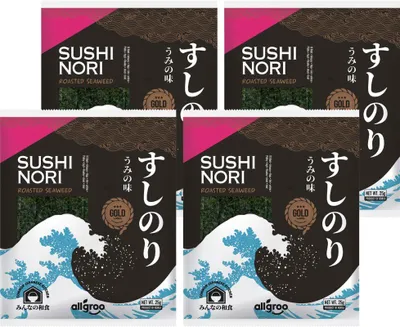 Produktbild von [ 4x 25g (10 Blatt) ] Allgroo SUSHI Nori Gerösteter Nori-Seetang ganzes Blatt / ROASTED NORI SEEWEED / Gold Label