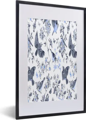 Produktbild von MuchoWow® MuchoWow® Gerahmtes Poster Blumen - Vogel - Blau 40x60 cm - Poster mit zchwarzem Bilderrahmen - Poster in Rahmen