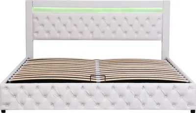 Produktbild von MODFU Boxspringbetten Polsterbett 180 x 200 cm Doppelbett Funktionsbett mit Lattenrost und Stauraum, Mit LED-Beleuchtung ohne Matratze, Weiß