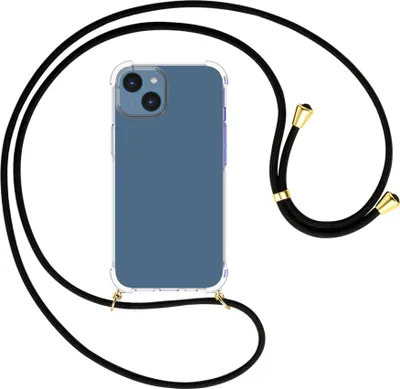 Produktbild von Handykette Backcover-Schutzhülle mit Band (Metall goldfarben) für Apple iPhone 15 - schwarz