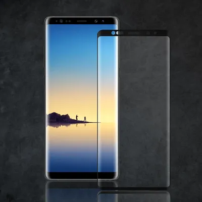 A smartphone screen protector is shown next to a smartphone displaying a landscape.