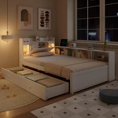 Image de OKWISH Lit Simple 90x200 cm - Avec Rangement, Tiroirs Sous le Lit et Lumière LED Intégrée, MDF Blanc - Sans Matelas
