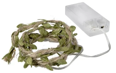 Obrázek produktu pro Světelná girlanda s drátem a zelenými listy, 10 LED diod, teplá bílá barva, napájení na baterie
