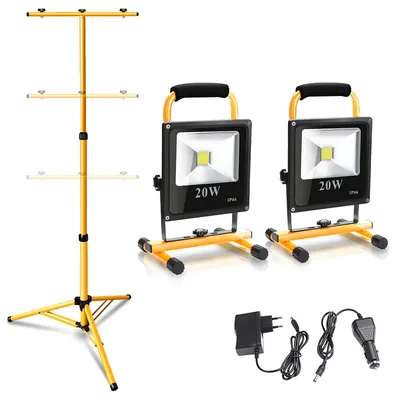 Obrázok produktu pre Jopassy LED dobíjacie svetlomety stavebné svetlomety pracovné svetlá s teleskopickým statívom Studené biele LED pracovné svetlo 2x20W+1xtripod svetlomety Svetlomety