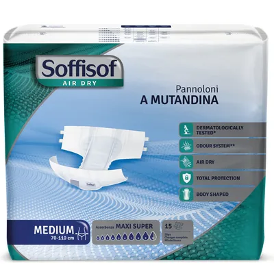 Image de Soffisof Air Dry Couches Adultes Maxi Super M - 15x Couche Adulte Incontinence, Absorption 9.5 Gouttes, Change Complet Adulte Taille M (70-110 cm)