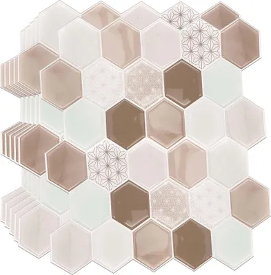 Produktbild von WALPLUS 12 PCS 3D Küche Fliese selbstklebend 30.5x15.4cm 3D Fliesen für Küche Wände Hitzebeständig Küche Backsplash Selbstklebend Wasserdicht Honig Hexa Braun Glänzend 3D Badezimmer Wandfliesen