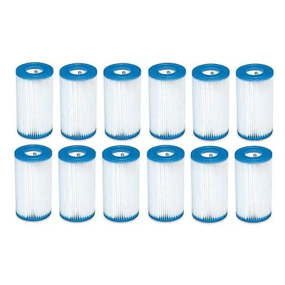 A group of twelve swimming pool filter cartridges are arranged in two rows of six on a white background.