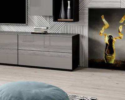 Image de Meuble TV bas « Helio » 80 cm, noir et gris, finition en verre au choix